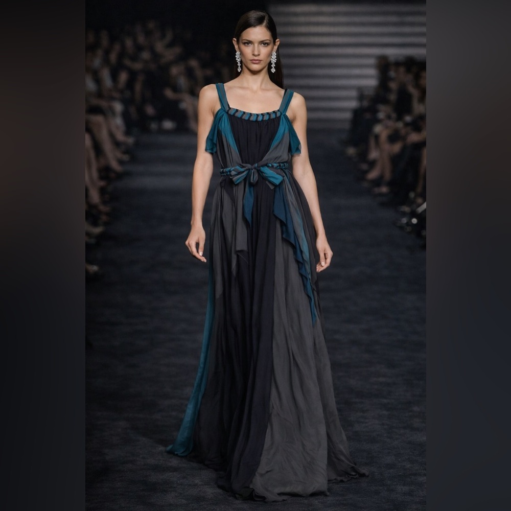 BCBGMAXAZRIA Runway Silk Maxi Gown – Turquoise & Dark Grey | Size XXS